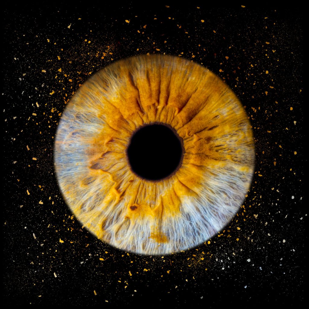 Photo d'un iris bleu/marron avec un effet étincelle.