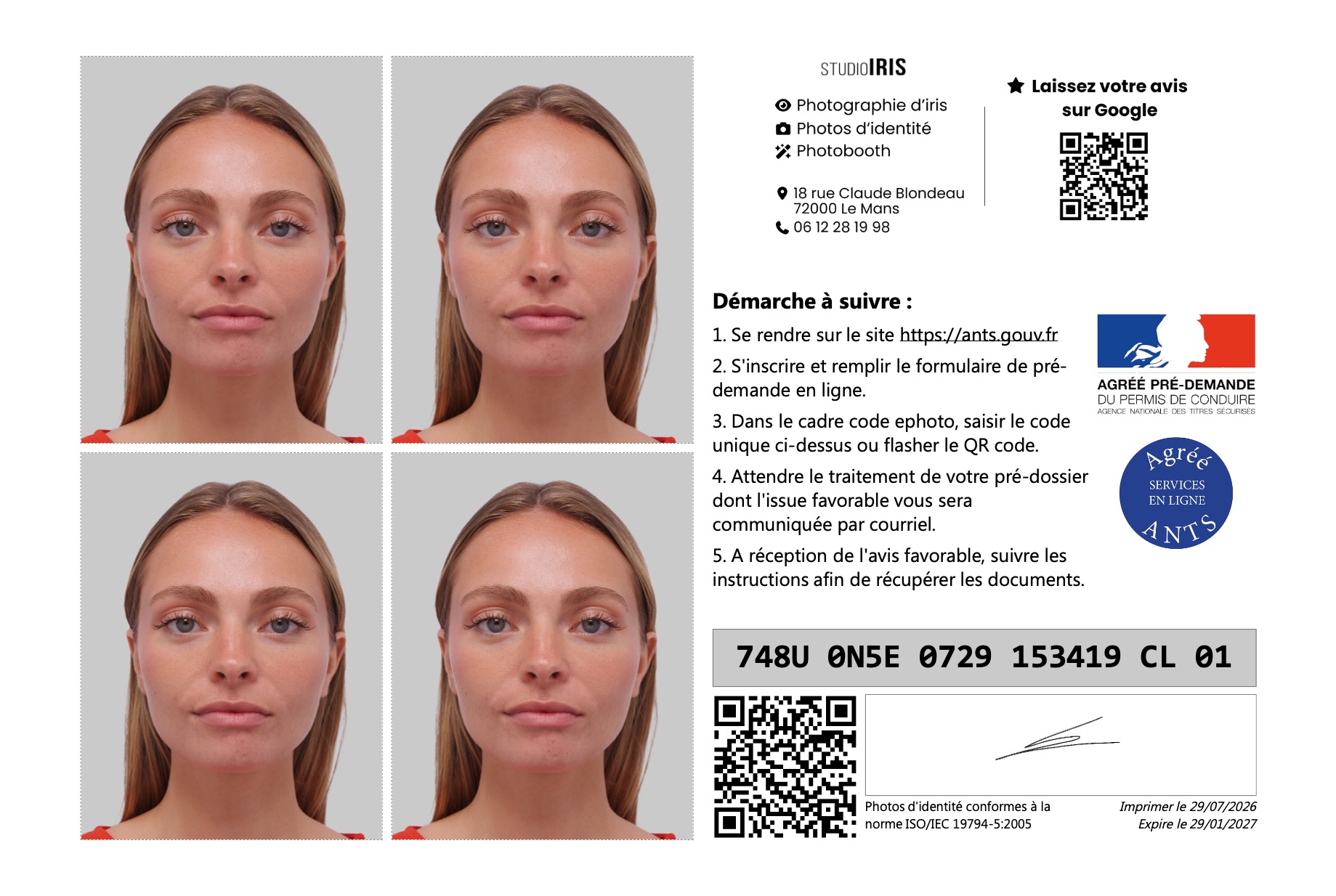 Photo d’identité adulte avec ePhoto ANTS réalisée à Le Mans par Studio Iris.