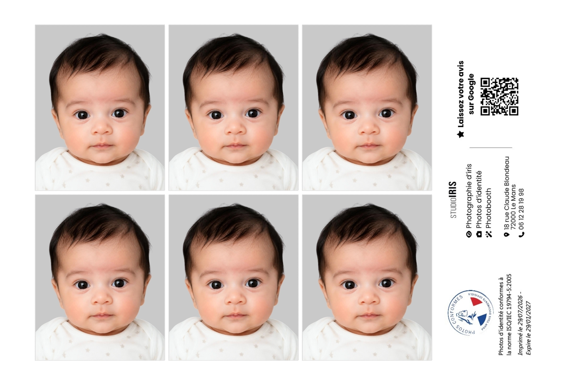Photo d’identité bébé réalisée à Le Mans par Studio Iris, dans la Sarthe.
